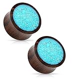 Crushed Turquoise Organic Wood Saddle Fit Plugs Ear Gauges - Sold As Pair
