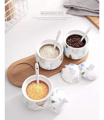 Ceramic Food Storage Porcelain Condiment Container Spice Jar with Lids - Ceramic Serving Spoon, Wooden Tray - Pottery Cruet Pot,Seasoning, Sugar, Coffee, Salt, 8.8OZ (250ML), Set of 3 (Garden)