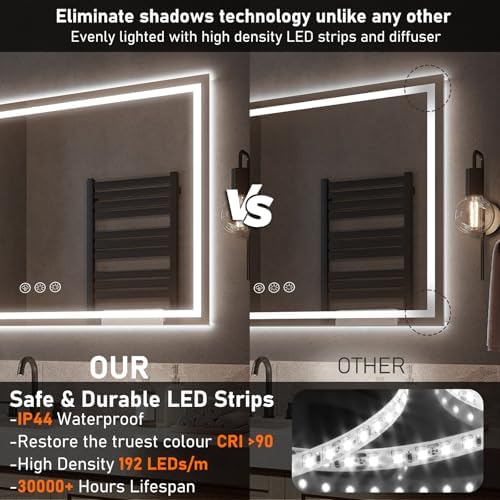 Badspiegel mit Beleuchtung LED, 100x70cm Spiegel mit Light, Wandspiegel mit Frontbeleuchtung, Antibeschlagfunktion, Dimmbar, mit 3 Einstellbaren Lichtfarben