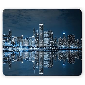 Ambesonne Chicago Skyline Mouse Pad, Sleeping City Dramatic Urban Resting Popular American Lake Picture, Rectangle Non-Slip Rubber Mousepad, Standard Size, Night Blue
