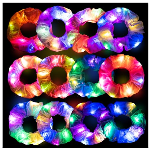 Lolalet 12PCS LED Light Up Hair Scrunchies, Neon Hair Ties, Glow in the Dark Accessories for Sleepover Party Favors, Colorful Elastic Band for Rave Festival Dance Night Events -Style A