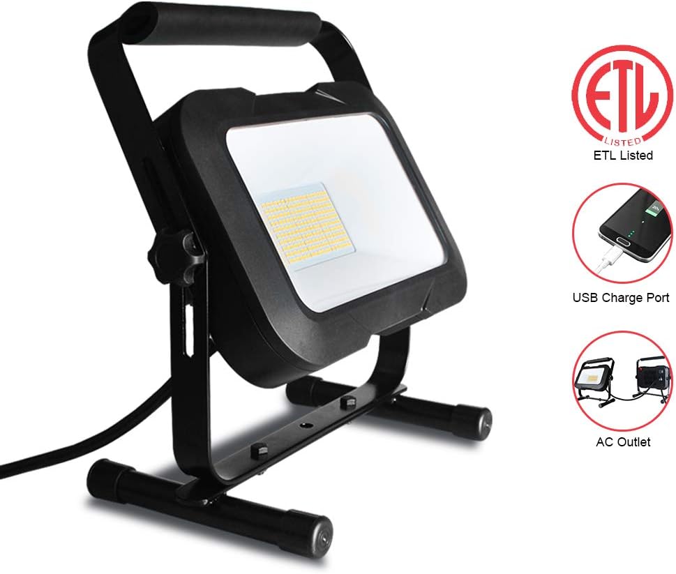 ETL Listed 5000 Lumen LED Work Light with USB Charge Port and AC Outlet, Waterproof IP65 Job Site Light, 3.8 M/12.5 Inch Power Cord, 360° Adjustable, 4000K White