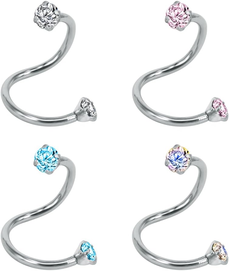 4 Pcs Crystal Ear Spiral Barbell Tragus Earrings Stainless Steel Cartilage Labret Ring Piercing
