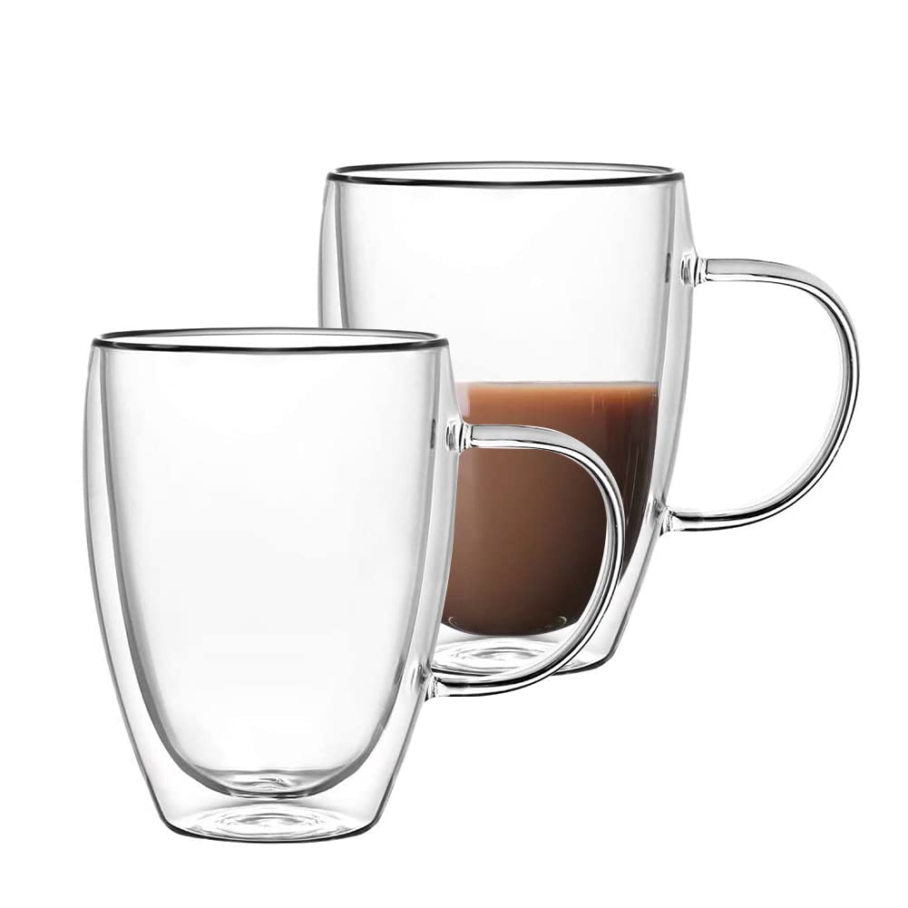 Hniuyun 2-Pack Glass Coffee Mugs, Double Walled Insulated Layer Coffee Cups with Handle, Clear Glass Cups for Cappuccino,Tea,Latte,Espresso,Hot Beverage (350ML)