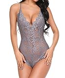Buitifo Women Lace Teddy One Piece Babydoll Sexy Bodysuit Lingerie (Grey S)