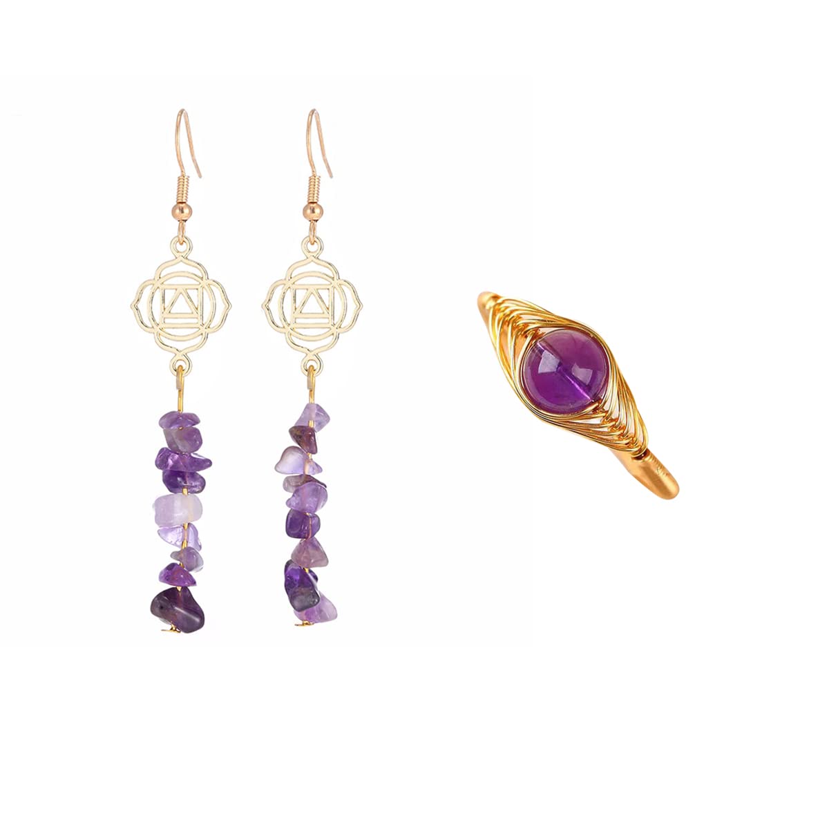 Healing Crystal Natural Energy Crystal Amethyst Crushed Stone Pendant Earrings and Amethyst Round Crystal Hand Woven Open Ring for Reiki Meidiation Healing