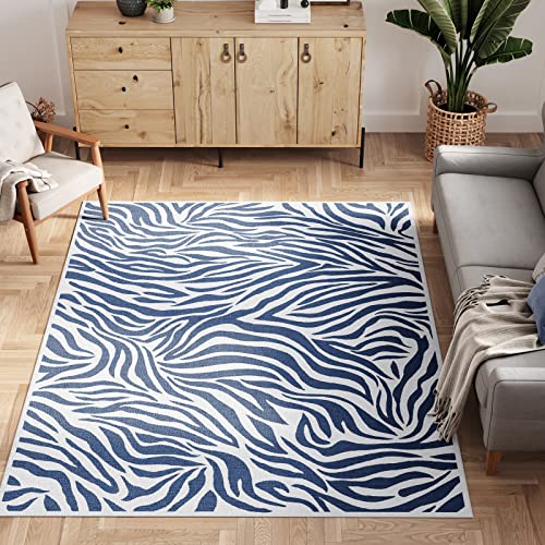 Dripex Indoor/Outdoor Area Rug, Non-Slip 5x7 Rugs Resist Dirt & Fade Patio Area Rug, Low-Profile Weather Resistant Living Room Carpet Blue Stripes Floor Mats for Home Entryway Porch Balcony Deck Yard