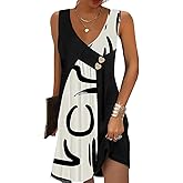 SAUKOLE Summer Dresses for Women Casual Sleeveless Asymmetric V Neck Buttons Sundress Loose with Pockets