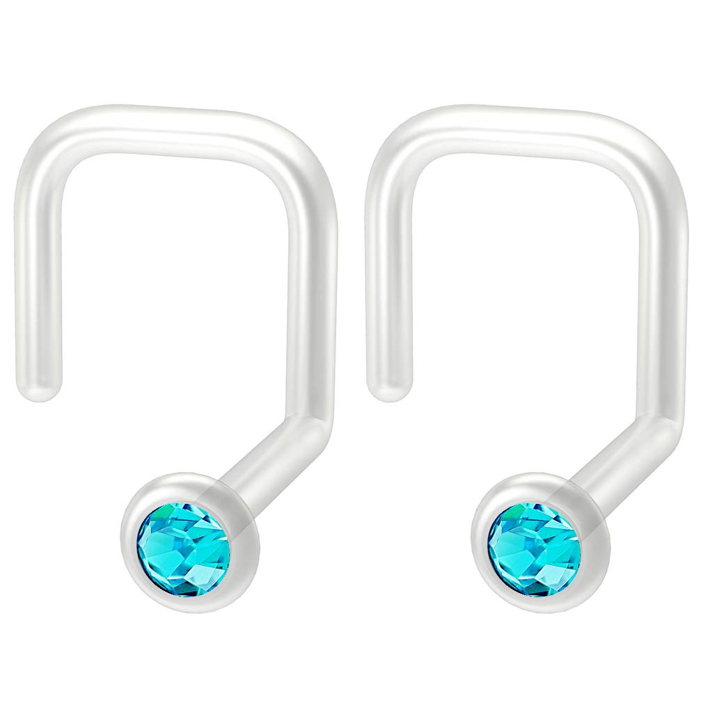2pc 1mm 18g Bioplast Nose Screw Bar Flexible Bioflex Plastic Aquamarine CZ Corskscrew Nostril Piercing Gem