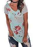 Kbook Women's Short Sleeve Floral Print Striped T-Shirt Casual Blouse Top with Pocket