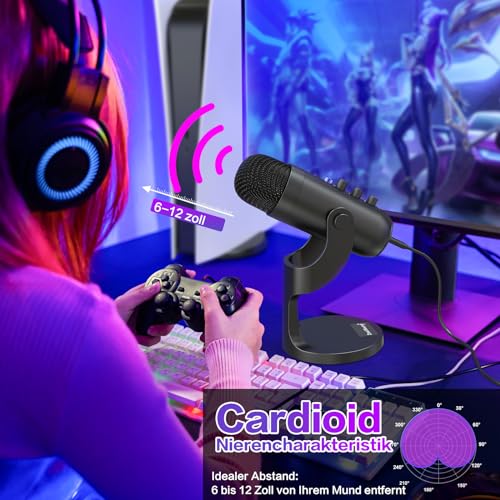 zealsound USB-C Condenser Microphone for PC, Mobile Phone, PS4, PS5, for Gaming, Podcast, Recording, Streaming, ASMR with Mute/Gain/Echo, Adapter for Phone, Compatible with Mac, Winows