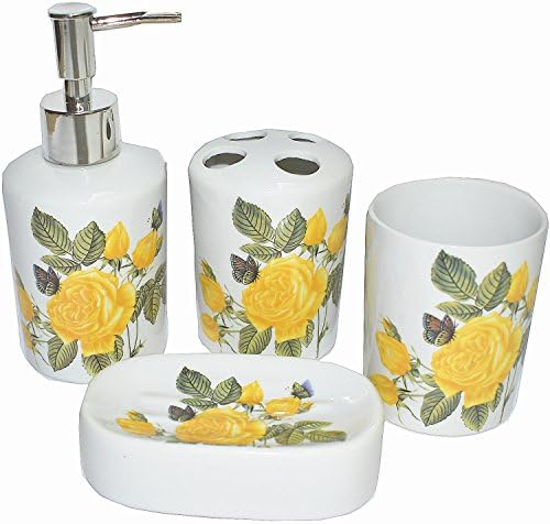 ROSE CREATE White Ceramic Flowers Bathroom Accessory Set, Liquid Soap or Lotion Dispenser Pump, Toothbrush Holder, Soap Dish and Tumbler, Toilet Brush Accessories Set, 4 Piece Bath Ensemble (Yellow)