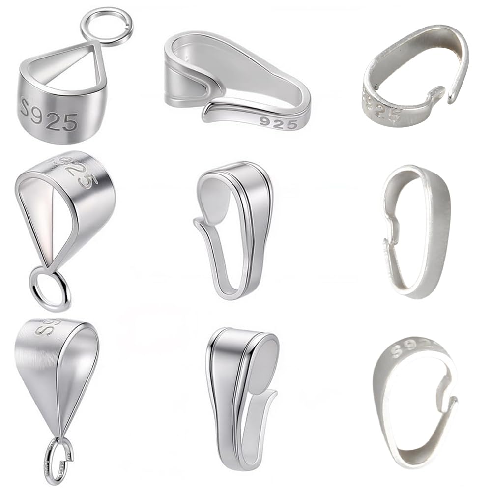 SUNNYCLUE 1 BOX 9PCS 925 Sterling Silver Pendant Clasp Bail Connectors Small Metal Pinch Bails Hooks Clip Snap on Pendants Clasps Charms Bulk for jewellery Making Supplies Bracelet Necklace Women Diy