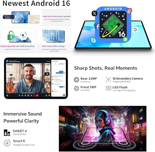 TECLAST T65 Tablet 13.4 Inch 120Hz Display Tablet Android 16, Dual SIM 4G LTE + 5G WiFi, 2.2GHz Octa-Core, 26GB RAM+256GB ROM(TF 4TB) Widevine L1 1080P/13MP/BT5/GPS/OTG, with Keyboard+Case+Pen
