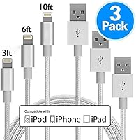 F-HeeBin iPhone Charger 3Pack 3FT/6FT/10FT Nylon Braided 8 pin Charging Cables USB Charger Cord, Compatible with iPhone X , iPhone 8/8Plus/7/7 Plus/6s/6s Plus/6/6 Plus/5/5S/SE/iPad (Silver)