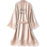 North Bund Women's Bride Bridesmaid Silky Robes with Lace Trim Bridal Embroidery Bathrobe for Wedding Party Sleepwear