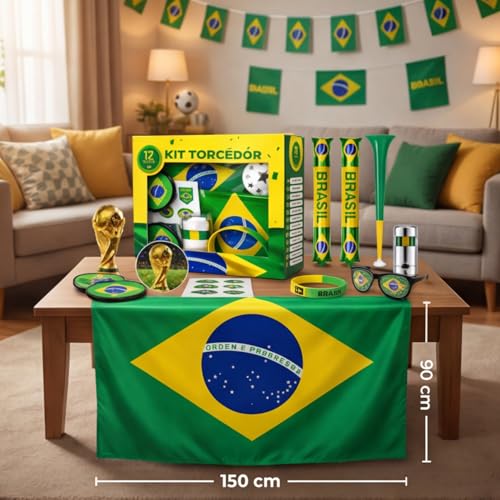 Kit Torcedor Brasil Copa 2026 12 Peças – Fantasia Completa com Faixa Cabeça, Óculos, Bandeira 150x90cm, Bastões Infláveis, Corneta, Tinta Facial e Lança Confete – Festa Churrasco Premium
