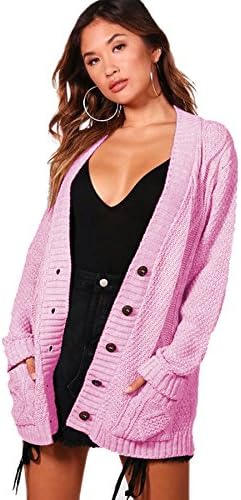 Aramoniat Womens Long Sleeve Chunky Cable Knitted Button Ladies Grandad Long Cardigan
