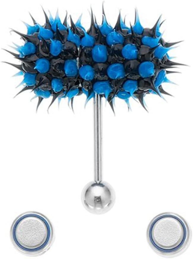Vibrating Koosh Tongue Ring Stainless Steel Body Piercing With 2 Batteries Black-Blue