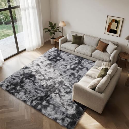 Leesentec Area Rugs Soft Fluffy Carpets For Living room Shaggy Rug Modern Area Rug For Bedroom Anti-Slip Rugs For Kids Room Indoor Home Decorative Carpet (Black Grey, 200 x 300 cm)