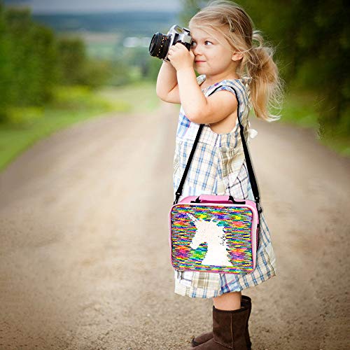 JYPS Insulated Unicorn Lunch Box for Kids, Flip Sequin Girls Tote Lunch Bags with Shoulder Strap, Handheld Reusable Lunch Box Bags Christmas Gifts for Girls at School