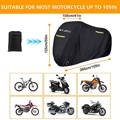 Motorcycle Cover,WDLHQC 300D Oxford Waterproof Motorcycle Vehicle Motorbike Scooter Covers Shelter for 105inch Honda,Yamaha,Suzuki, Harley,All Weather Outdoor Protection with Lock-Holes & Storage Bag