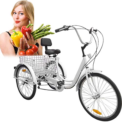 Iglobalbuy White 24-Inch 6-Speed Adult Tricycle Adjustable Trike 3-Wheel Bike Cruise Bike with Basket