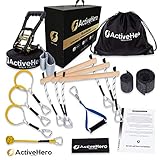 Backyard Ninja Course for Kids - 56' Slackline to Fit Most Trees - Monkey Bar Gymnastic Obstacle - 8 Warrior Attachments - 3 in 1 Deal - Bonus Handle, Ratchet Cover + American Portable Bag Included