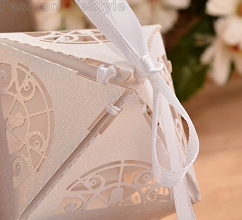 PONATIA 50pcs/Lot 2.3 Inches Laser Cut Pearl Paper Party Wedding Favor Ribbon Candy Boxes Gift Box White (Bride and Groom) - Thumbnail 4