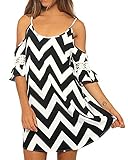 Oyanus Womens Chiffon Open Shoulder Trumpet Sleeve Wave Printed Beach Mini Dress