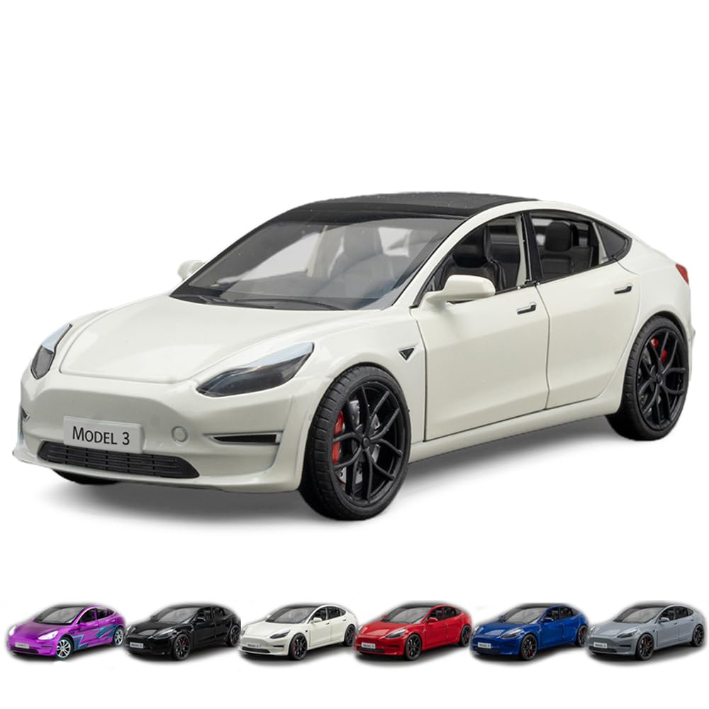 Photo 1 of 1/24 Scale Diecast Car Model 3, Alloy Diecast Toy Cars Pull Back Toys with Sound & Light, Vehicles Toys for Kids Gift Car Lovers Collection (1/24 Model 3 -White)