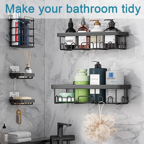 Adhesive Shower Caddy, 6 Pack Shower Organizer Storage, No Drilling Shelf Rack with Soap Holder, Large Capacity Bathroom & Toilet Storage, Wall Mounted Organization for Kitchen & Home Décor,(Black)