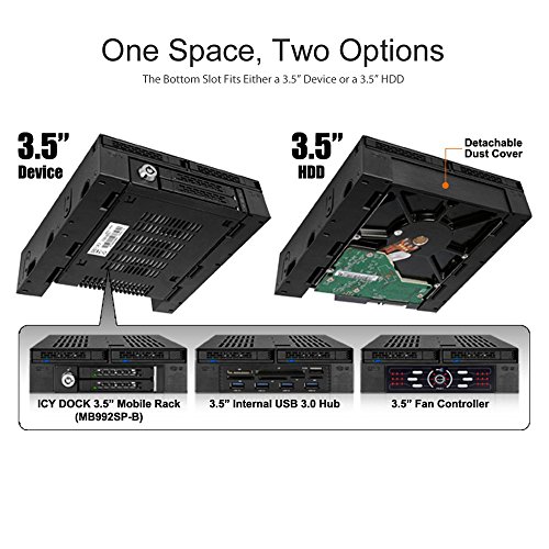ICY DOCK 2 x 2.5' SATA/SAS HDD/SSD to 5.25' Hot Swap Mobile Rack Cage w/ 3.5' Drive/Device Bay- ExpressCage MB322SP-B