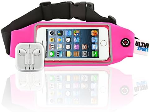 Ultimate Sports Pro Running Waist Pack with Earbuds for Women + Men - Pink Lycra Fitness & Exercise Fanny Expandable Belt Best as Sweat Resistant Money Bag and Runner Travel Pouch - 4.7 Inches