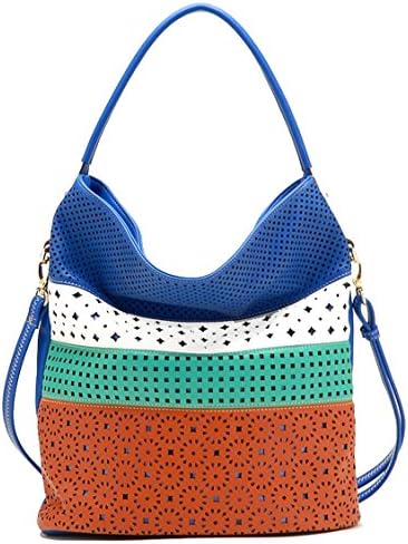 Tosca USA, Large 4-Color Eyelet Bucket Tote w/ Strap- Blue Multi