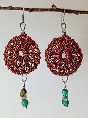 Copper Toned Leather Rosette Earrings on Titanium Hoops with Kingman Arizona Turquoise with Keishi Pearls &amp; Sterling Beads on Sterling Silver Earwires - 100% Handmade