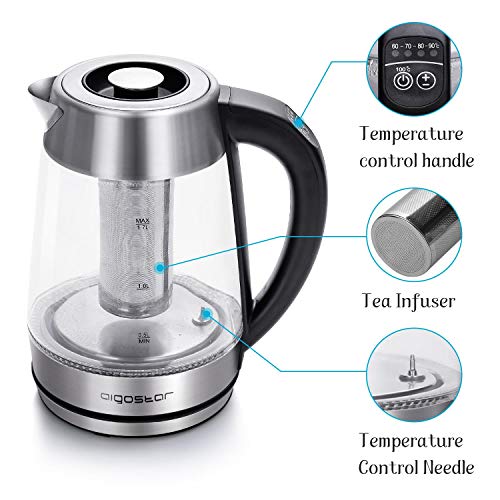 Aigostar Glas Wasserkocher mit Temperatureinstellung 1,7L, 2-in-1 Teekocher mit Edelstahl Teesieb, Temperaturwahl 60°-100°C Farbwechsel LED Beleuchtung, 120 Minuten Warmhaltefunktion, BPA-Frei – Bild 6