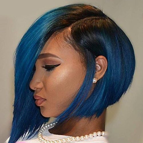 WOB Hair New Arrived 150% Density Front 4inch Handtied Part Glueless Lace Front 100 Brazilian Human Hair Bob Wigs Side Part BOB Style Wigs for Black Women Ombre Color 1b#/Blue Hair Color 12inch