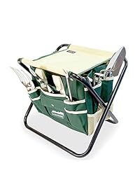 Conjunto de 7 utensilios en un juego de herramientas para jardín, con 5 herramientas robustas de acero inoxidable, un robusto taburete plegable, bolsa porta herramientas de lona, desprendible