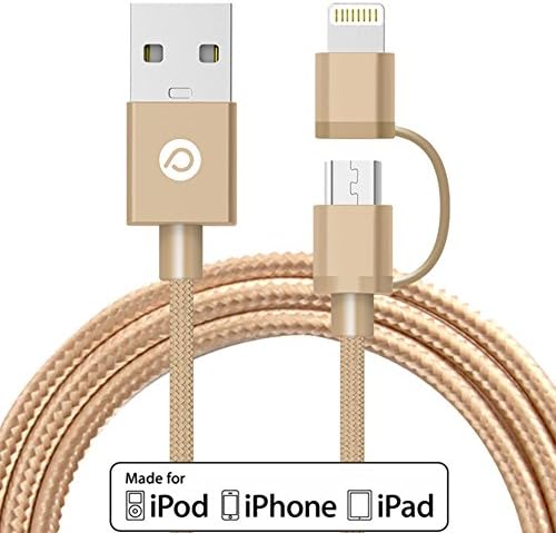 Power Trend MFI Certified 2M 6.6FT 2 in 1 Nylon Braided Cable USB to Lightning Cord for iPhone 7 / 6S / 6 Plus / SE / 5S / 5C / 5 / iPad / iPod and Other Smart Phones and Tablets (Luxury Gold)