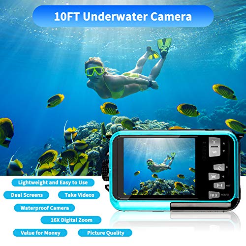 Waterproof Camera Full HD 2.7K 48 MP Underwater Camera Video Recorder Selfie Dual Screens 16X Digital Zoom Flashlight Waterproof Digital Camera for Snorkeling