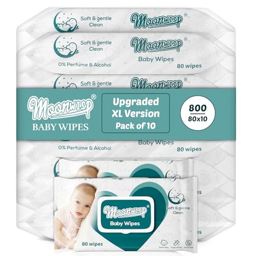 Moonwisp Baby Wipes [Upgraded XL Version] – Thicker, Premium Water-Based Wipes - Unscented, Alcohol-Free for Baby & All-Purpose Cleaning - Ultra-Soft Wet Tissue (Pack of 10-800 Count)