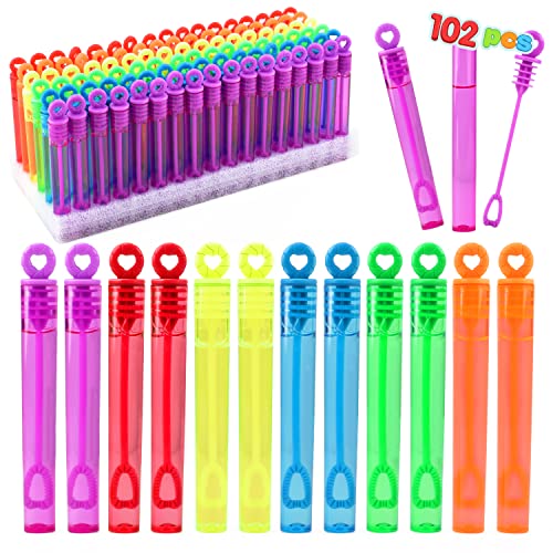 JOYIN 102 Pcs 6 Colors Mini Bubble Wands Bulk Party Favors Assortment Toys for Kids, Carnival Prizes, Wedding, Outdoor Gifts for Girls & Boys, Easter Basket Stuffers Goodie Gift Bag Stuffer Fillers