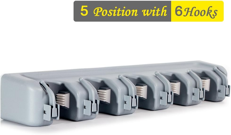 Mop and Broom Holder, Wall Mounted 5 Position with 6 Hooks Garage Storage Tool Rack Utility Holder Home Organization Storage Solutions Kitchen Tool Organizer for Closet Organizer (5 Position, 6 Hooks)