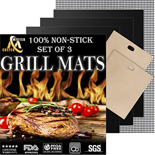 Grill Mat Set of 3 - Professional Non-Stick Grill Mats for BBQ Grilling and Baking - Heavy Duty Best for Cooking on Charcoal, Gas, Oven, Smoker, Electric Grills - Reusable and Easy to Clean