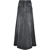 ebossy Women's High Rise Distressed Wash Denim Skirt A Line Swing Maxi Long Jean Skirts