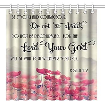 GOOESING Shower Curtain, Christian Bible Verses Scripture Quotes Joshua-1-9 Pink Flowers Art - Be Strong and Courageous God Be with You