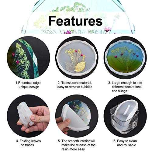 ZeMooon 4 Pack Coaster Molds for Resin Casting, Diamond Edge Round Mold, Epoxy Resin Silicone Large Tray Mold