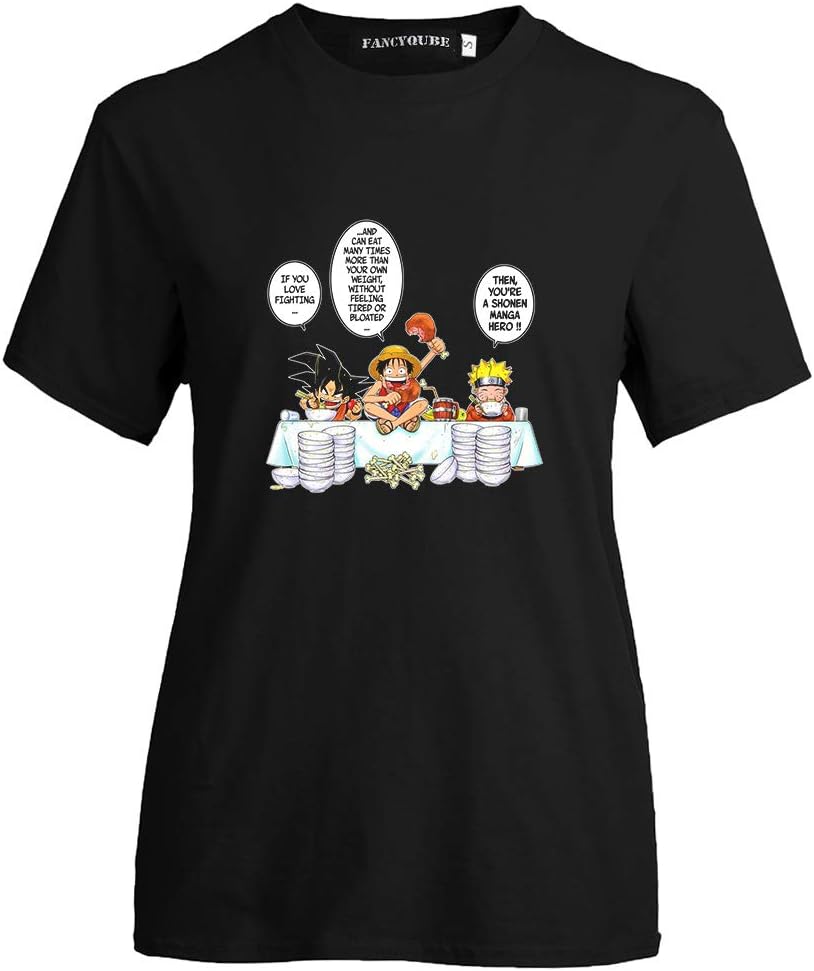 918coshiert Women's Funny Anime One Piece Friends Print T-Shirt Monkey D. Luffy Eat Chicken Drumsticks Cute Short Sleeve Tops