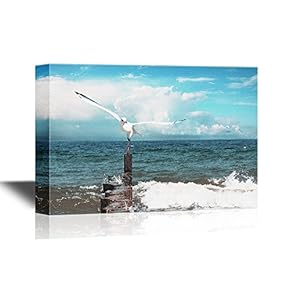 Canvas Wall Art - Seagull on The Wood Pier - Gallery Wrap Modern Home Art | Ready to Hang - 12x18 inches